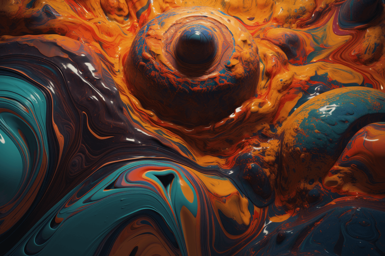 An abstract image of a planet's surface, with distorted shapes and vivid colors that create a surreal and otherworldly feel.