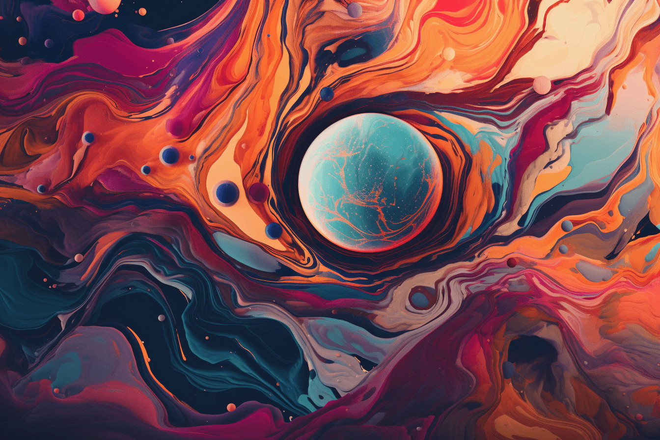 An abstract image of a planet's surface, with distorted shapes and vivid colors that create a surreal and otherworldly feel.