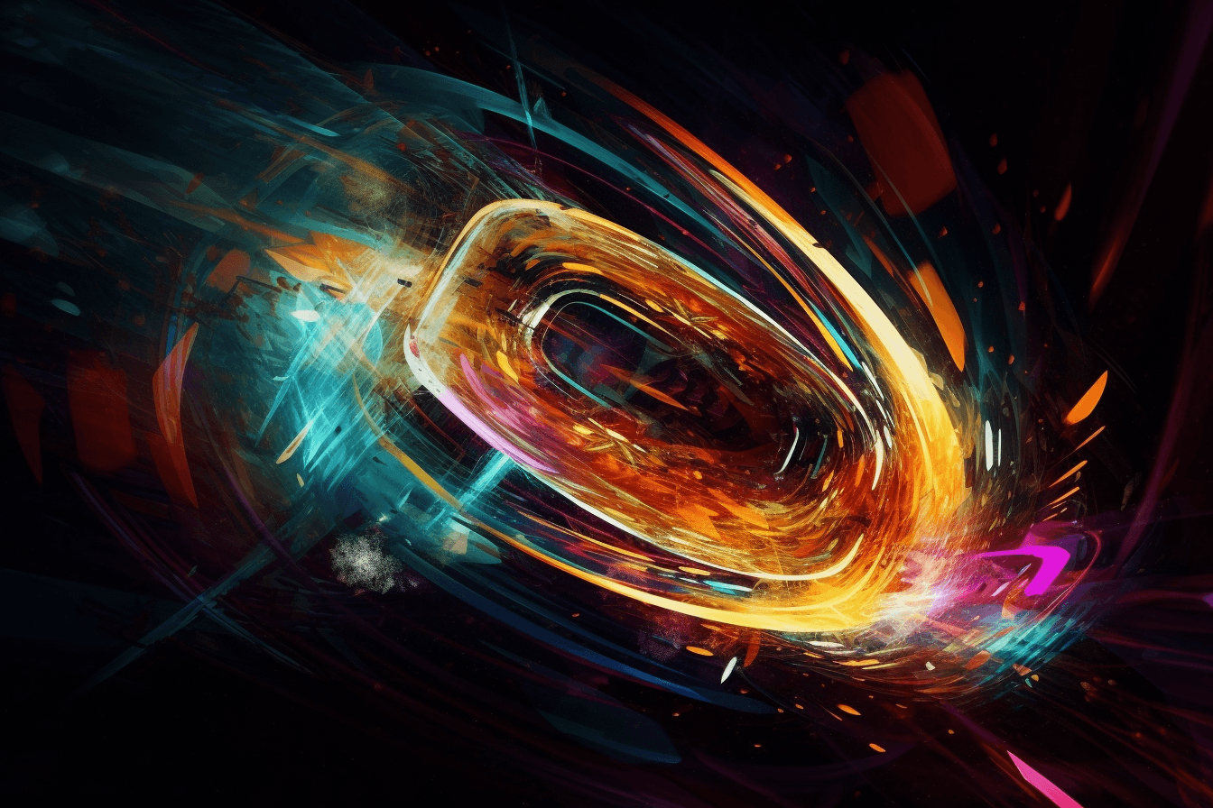 An abstract image of a spaceship approaching a wormhole, with bright colors and distorted shapes.