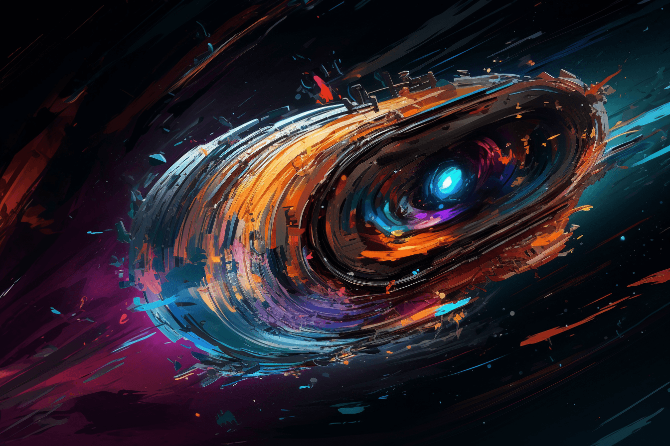 An abstract image of a spaceship approaching a wormhole, with bright colors and distorted shapes.