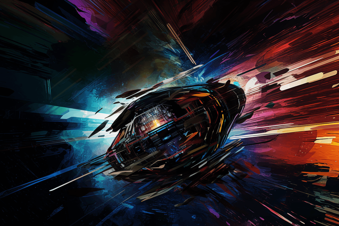 An abstract image of a spaceship approaching a wormhole, with bright colors and distorted shapes.