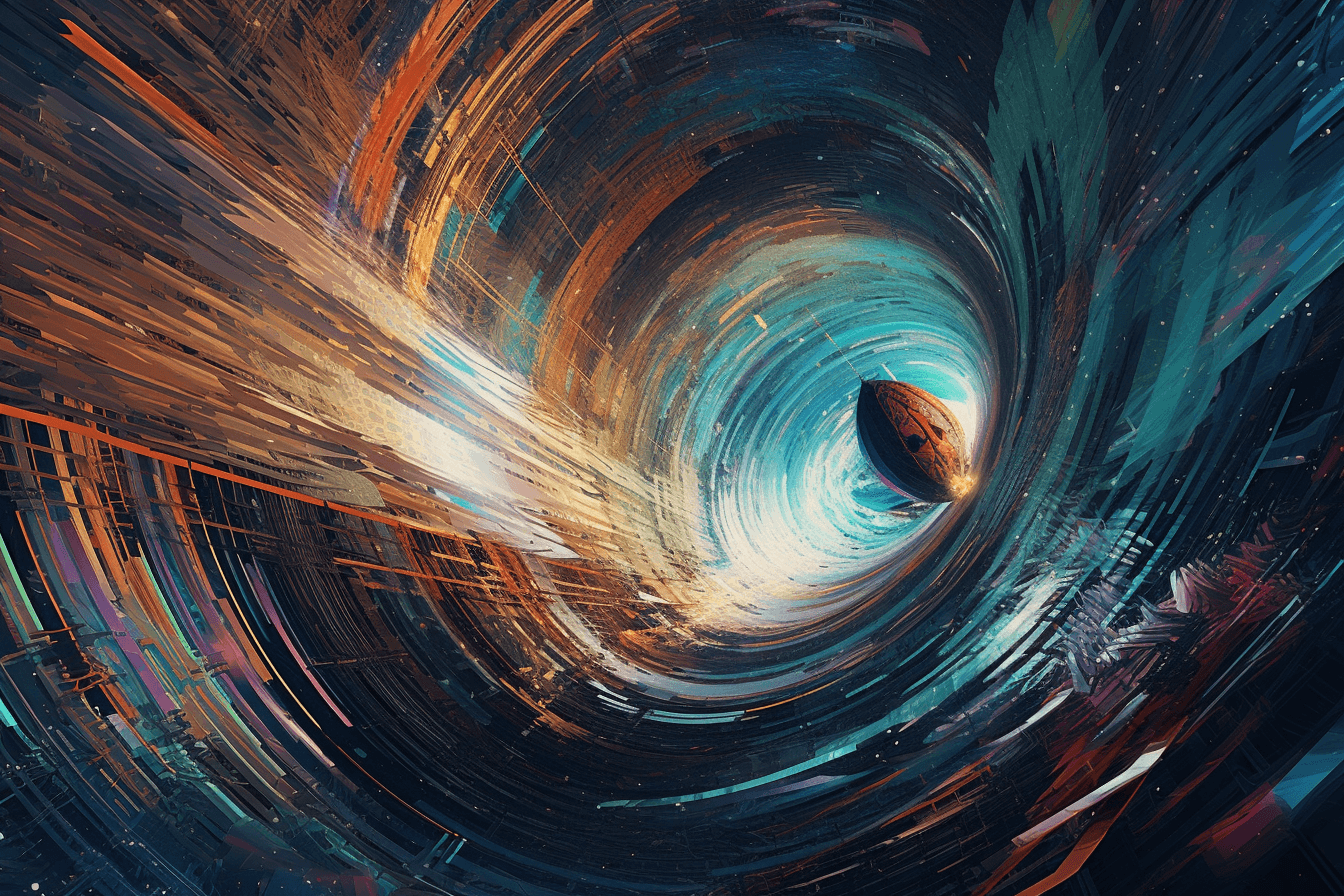 An abstract image of a spaceship traveling through a wormhole, with bright colors and surreal patterns.