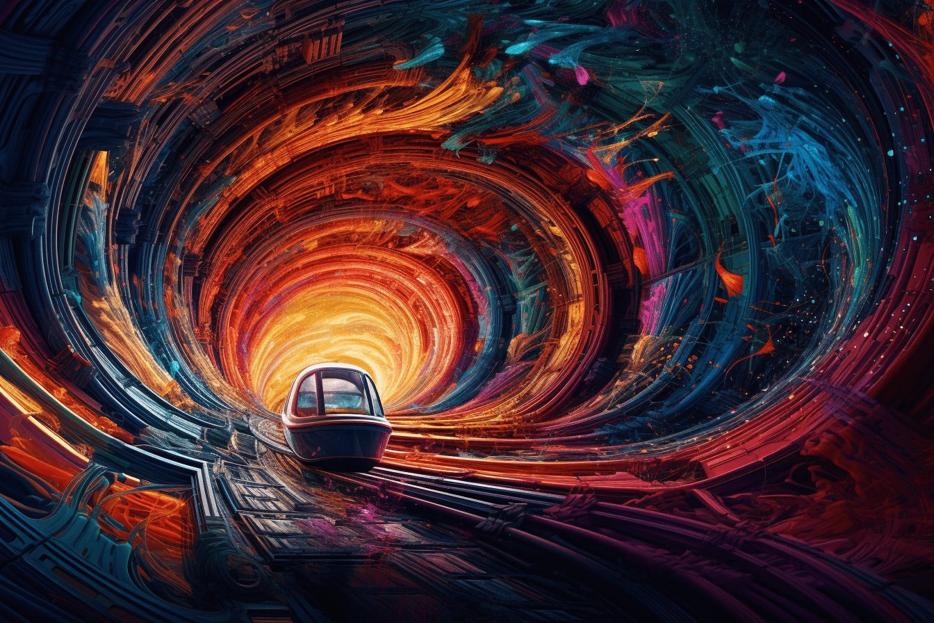 An abstract image of a spaceship traveling through a wormhole, with bright colors and surreal patterns.