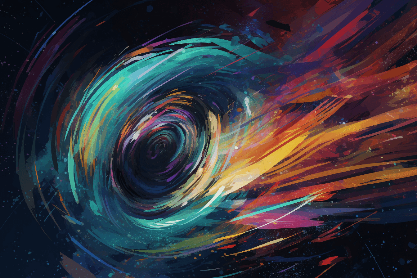 An abstract image of a spaceship traveling through a wormhole, with bright colors and surreal patterns.