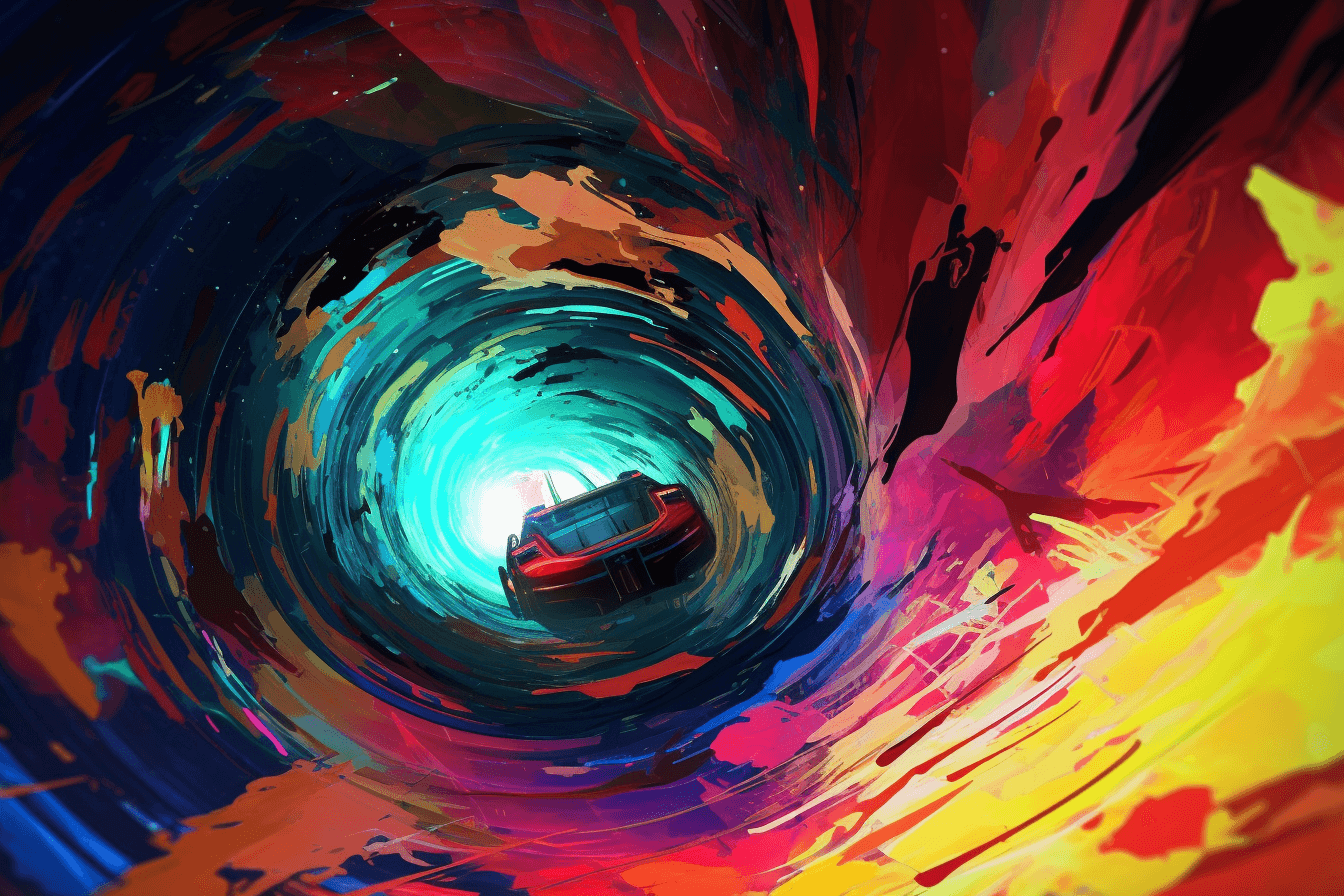 An abstract image of a spaceship traveling through a wormhole, with bright colors and surreal patterns.