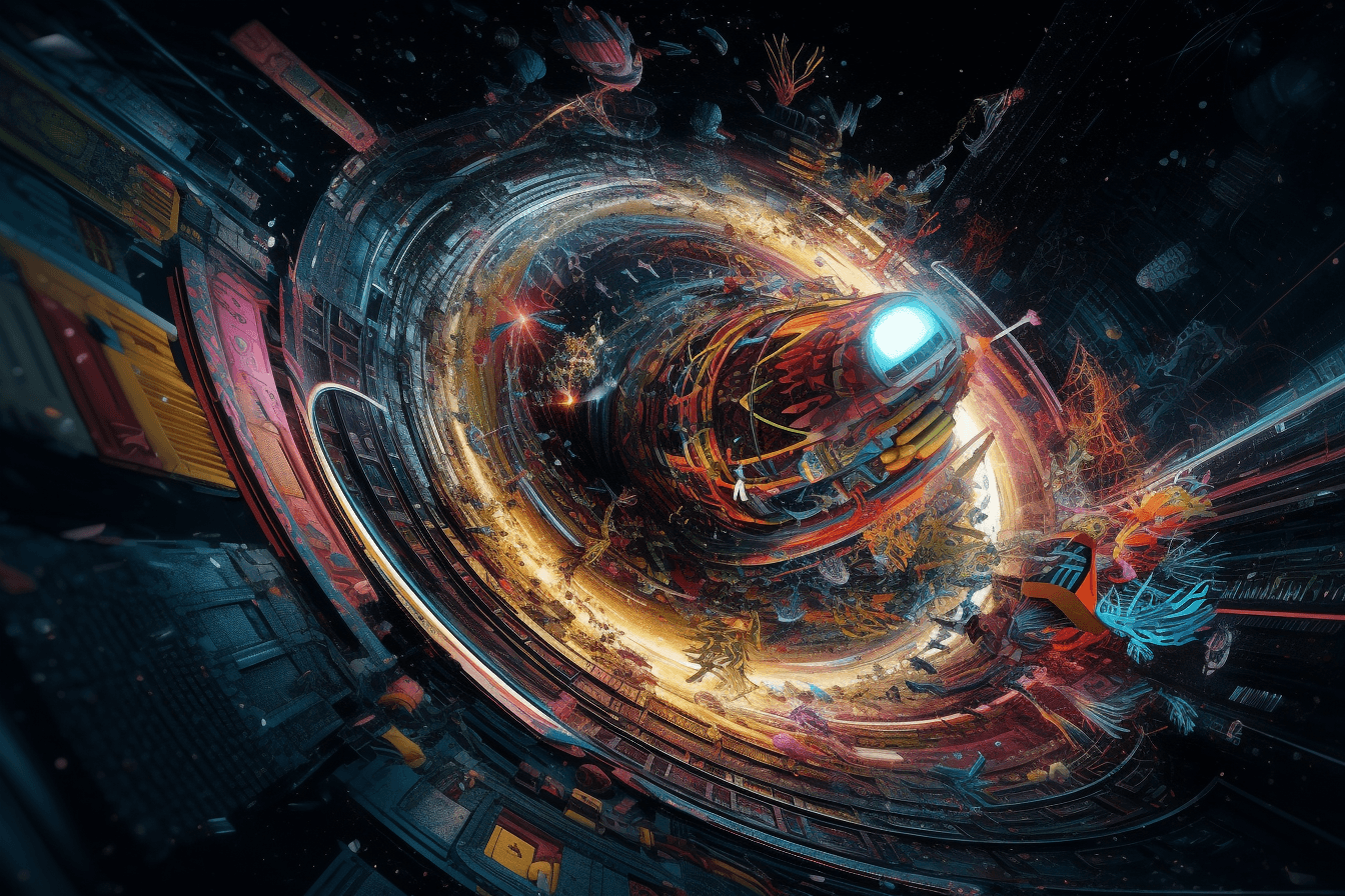 An abstract image of a spaceship traveling through a wormhole, with bright colors and surreal patterns.