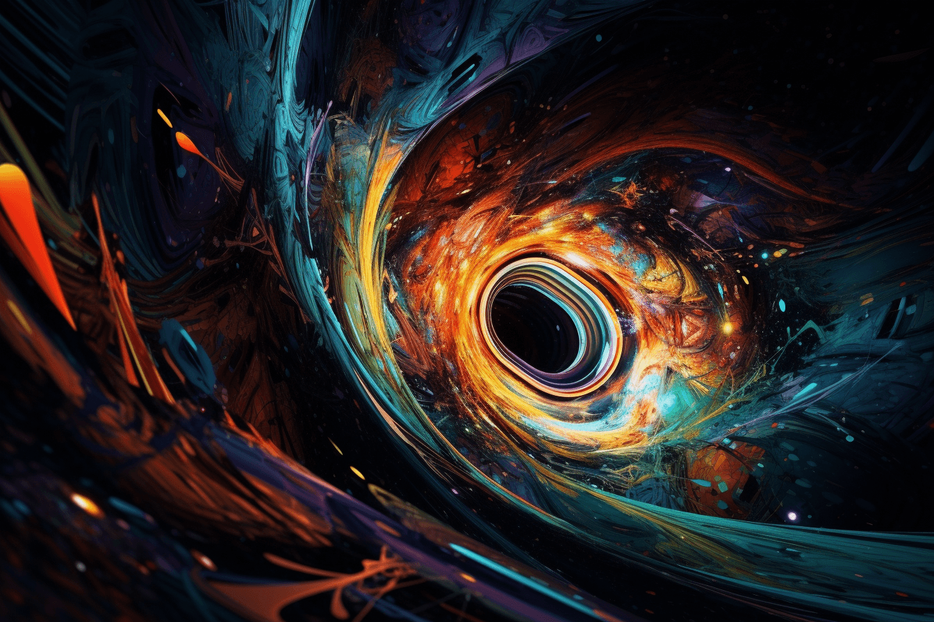 An abstract image of a spaceship traveling through a wormhole, with bright colors and surreal patterns.