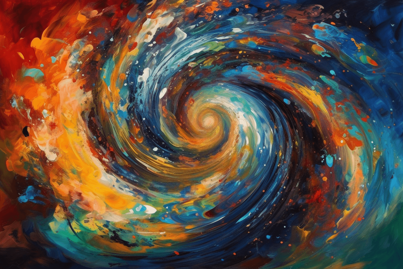 An abstract image of a spiral galaxy, with bright colors and swirling patterns that evoke a sense of movement and depth.