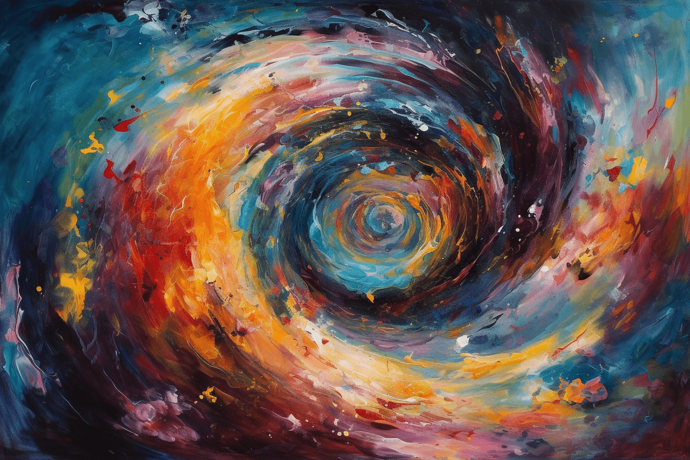 An abstract image of a spiral galaxy, with bright colors and swirling patterns that evoke a sense of movement and depth.