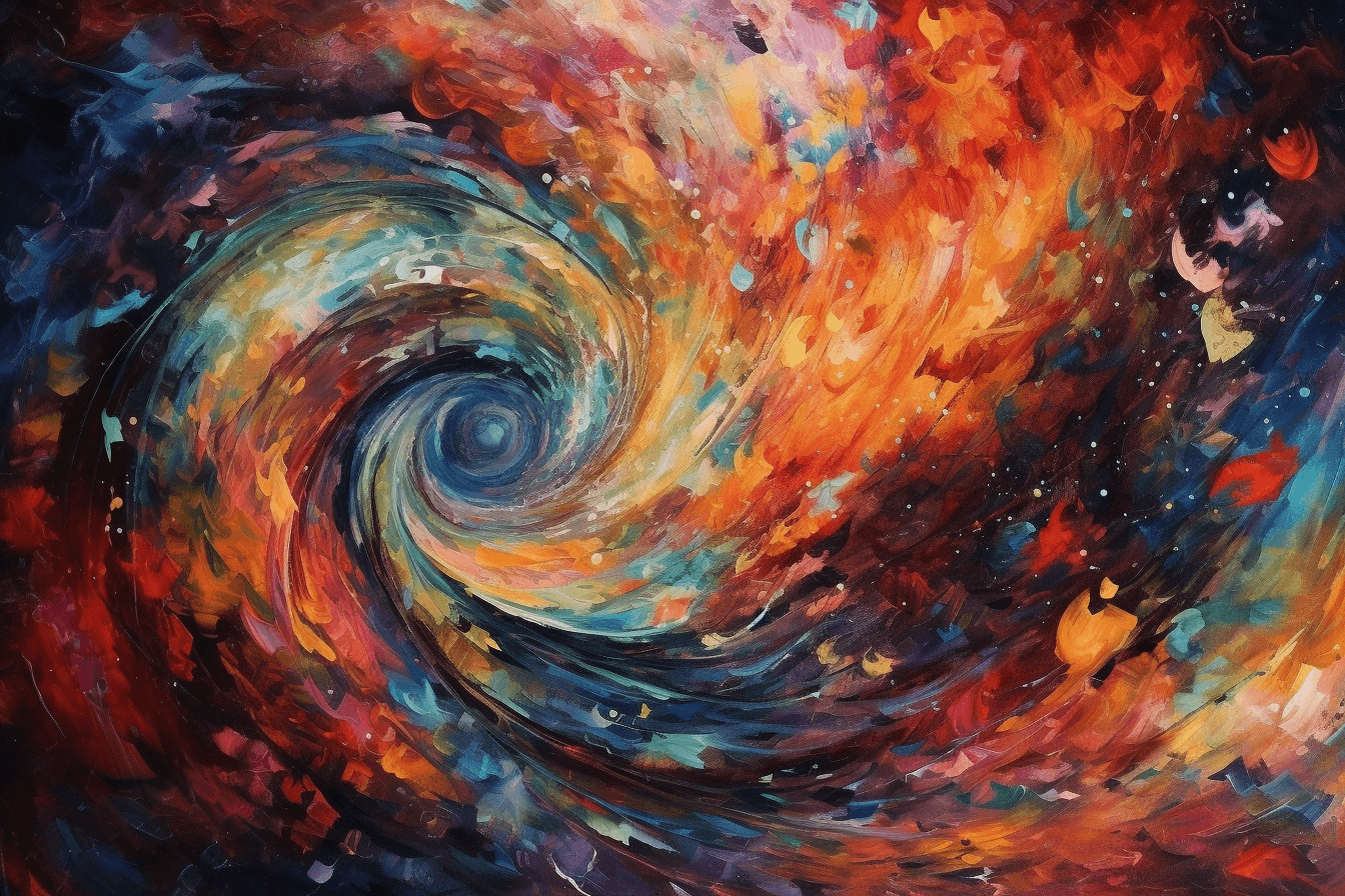 An abstract image of a swirling galaxy, with bright colors and intricate patterns.