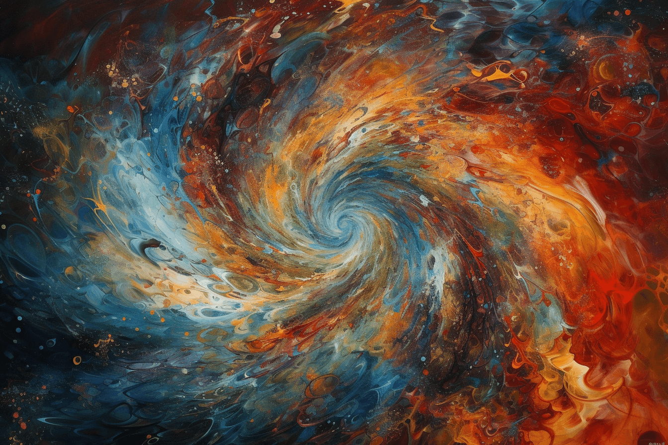 An abstract image of a swirling galaxy, with bright colors and intricate patterns.