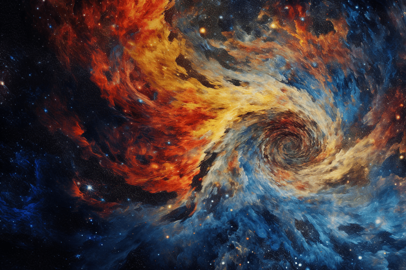 An abstract image of a swirling galaxy, with bright colors and intricate patterns.