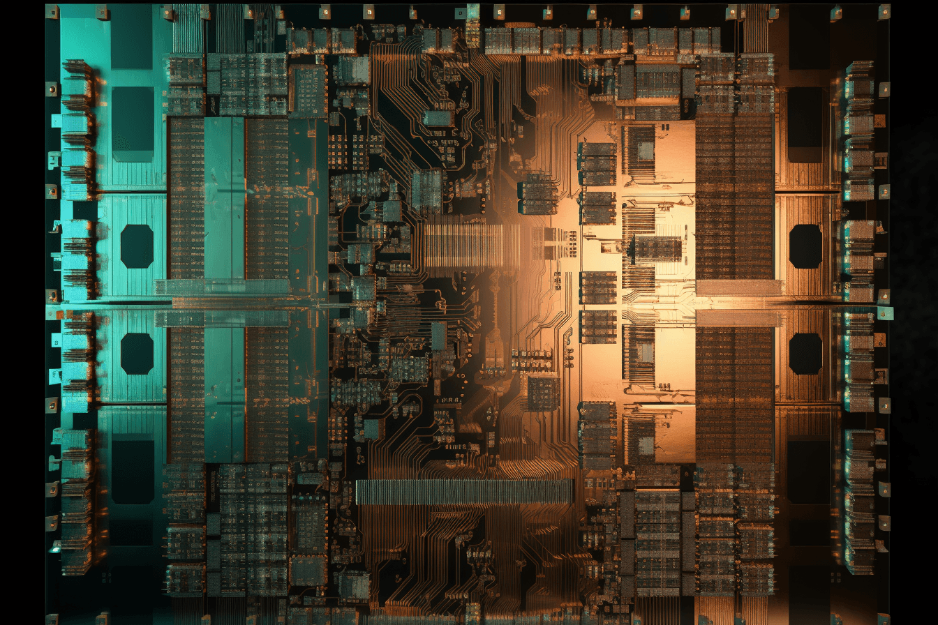 An abstract representation of the inside of a computer chip with a metallic color palette