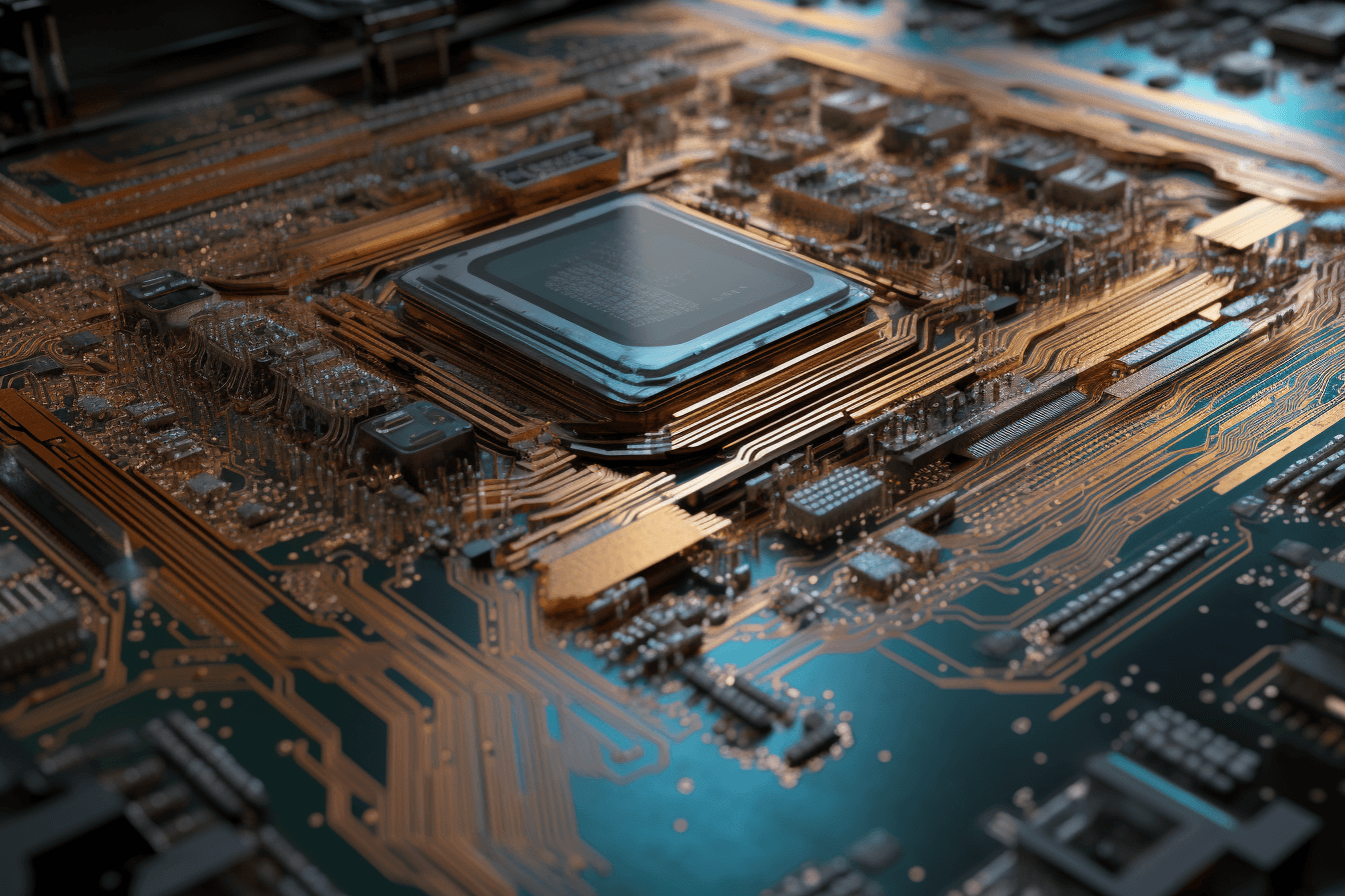 An abstract representation of the inside of a computer chip with a metallic color palette