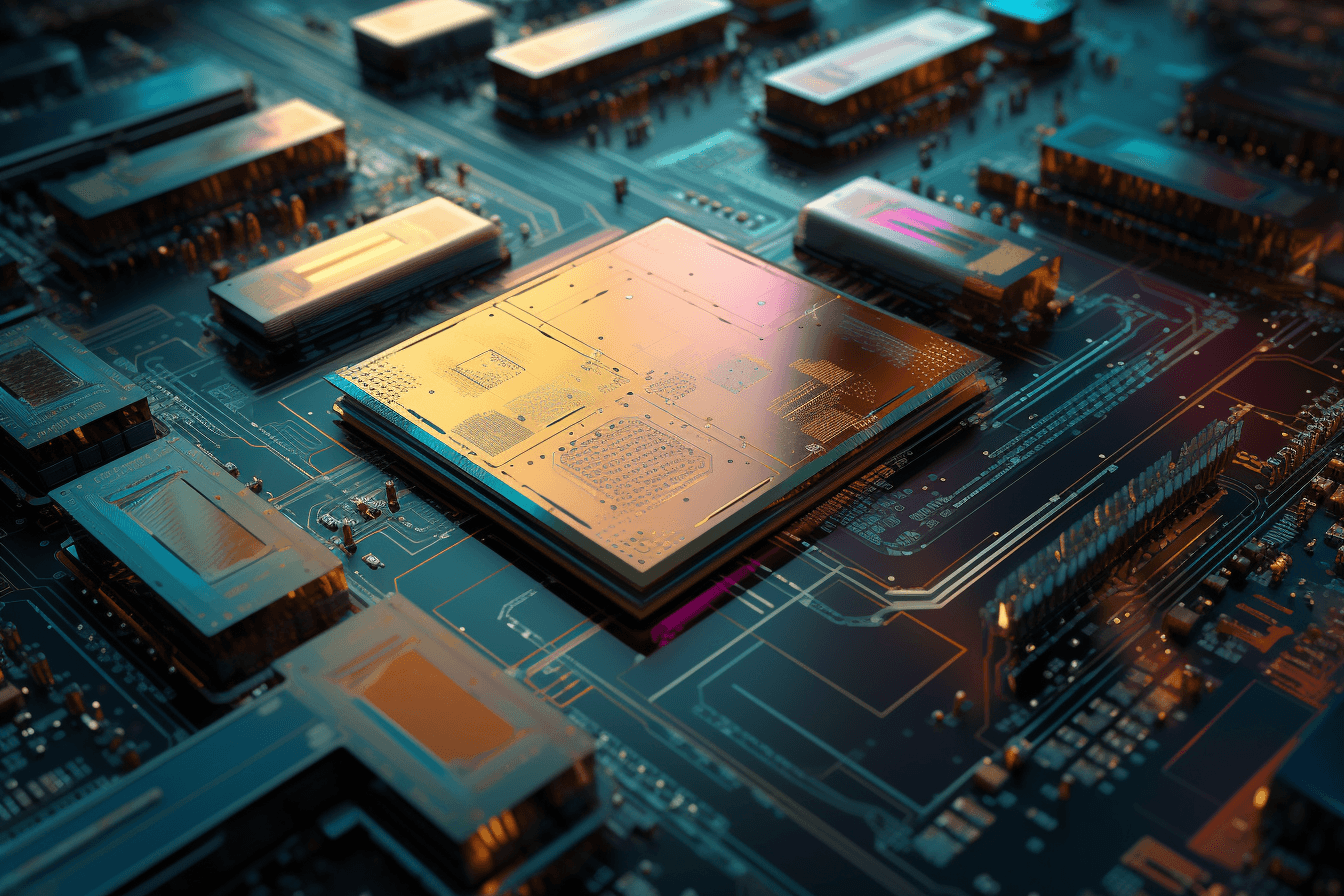 An abstract representation of the inside of a computer chip with a metallic color palette