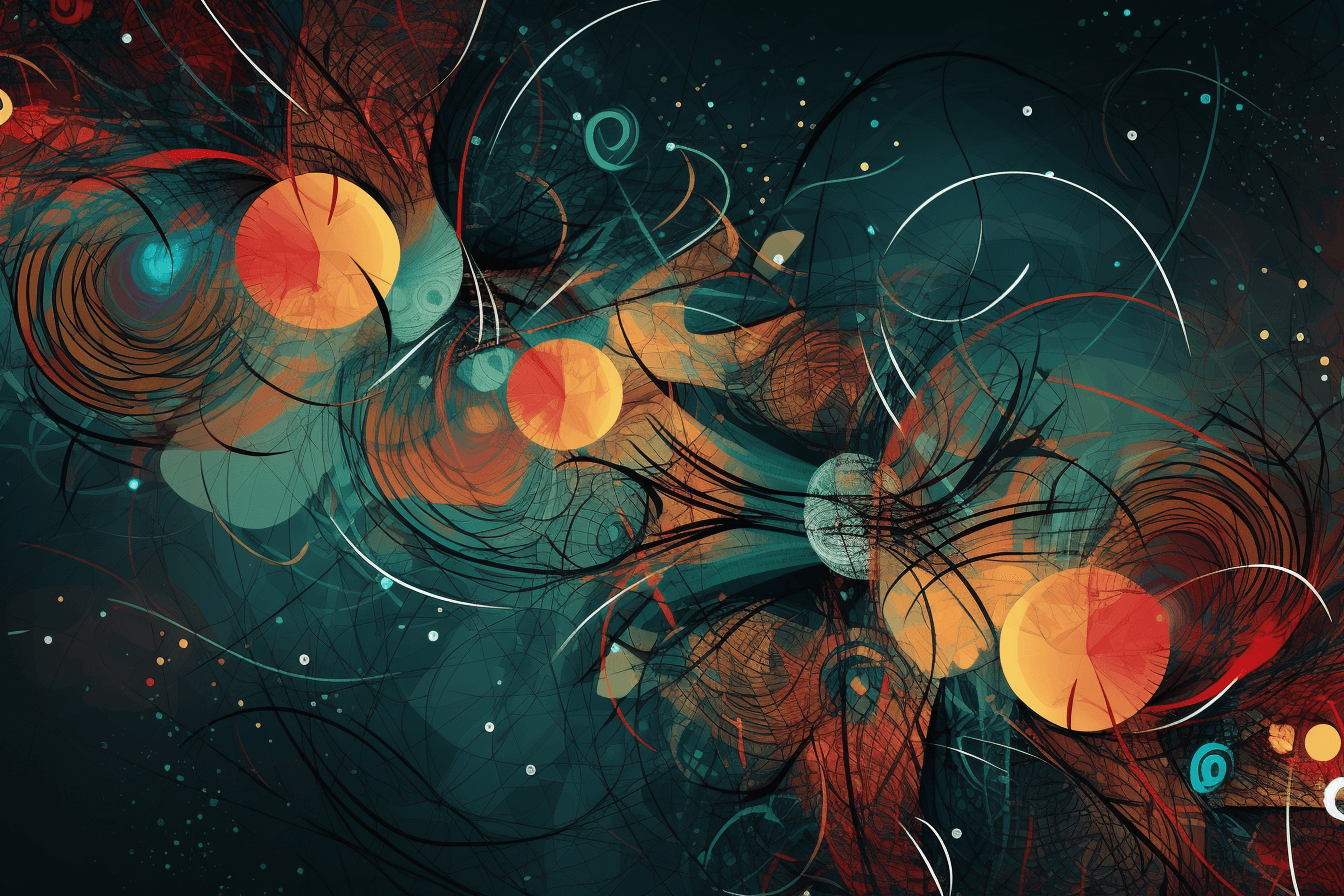 An abstract wallpaper inspired by the shapes and colors of quantum physics, with bold colors and intricate lines.