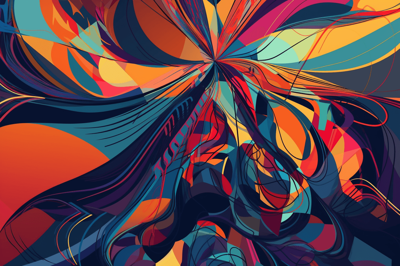 An abstract wallpaper inspired by the shapes and colors of quantum physics, with bold colors and intricate lines.