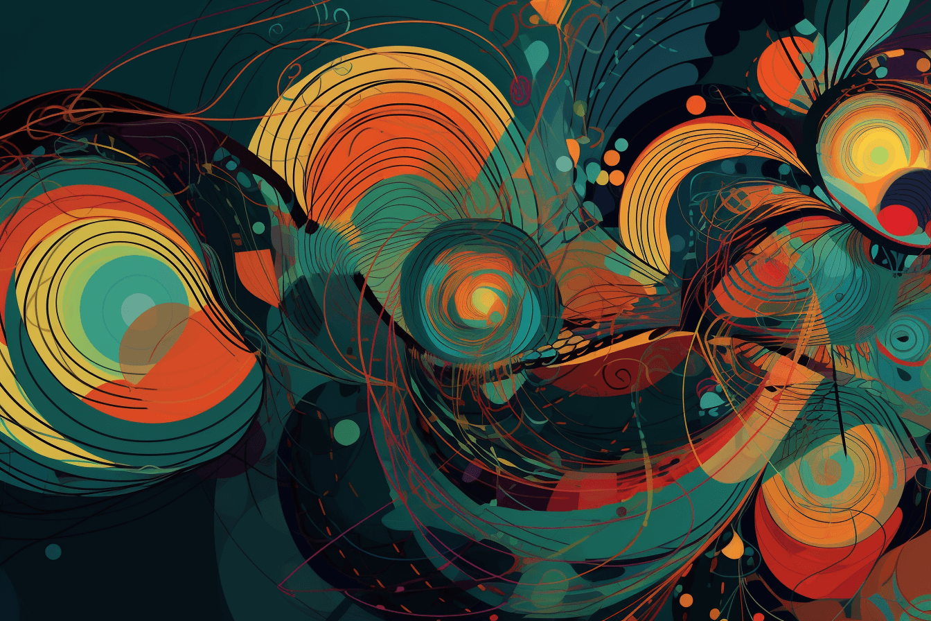 An abstract wallpaper inspired by the shapes and colors of quantum physics, with bold colors and intricate lines.