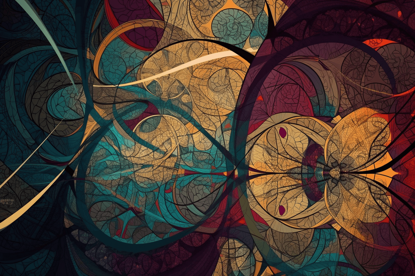 An abstract wallpaper inspired by the shapes and colors of quantum physics, with bold colors and intricate lines.