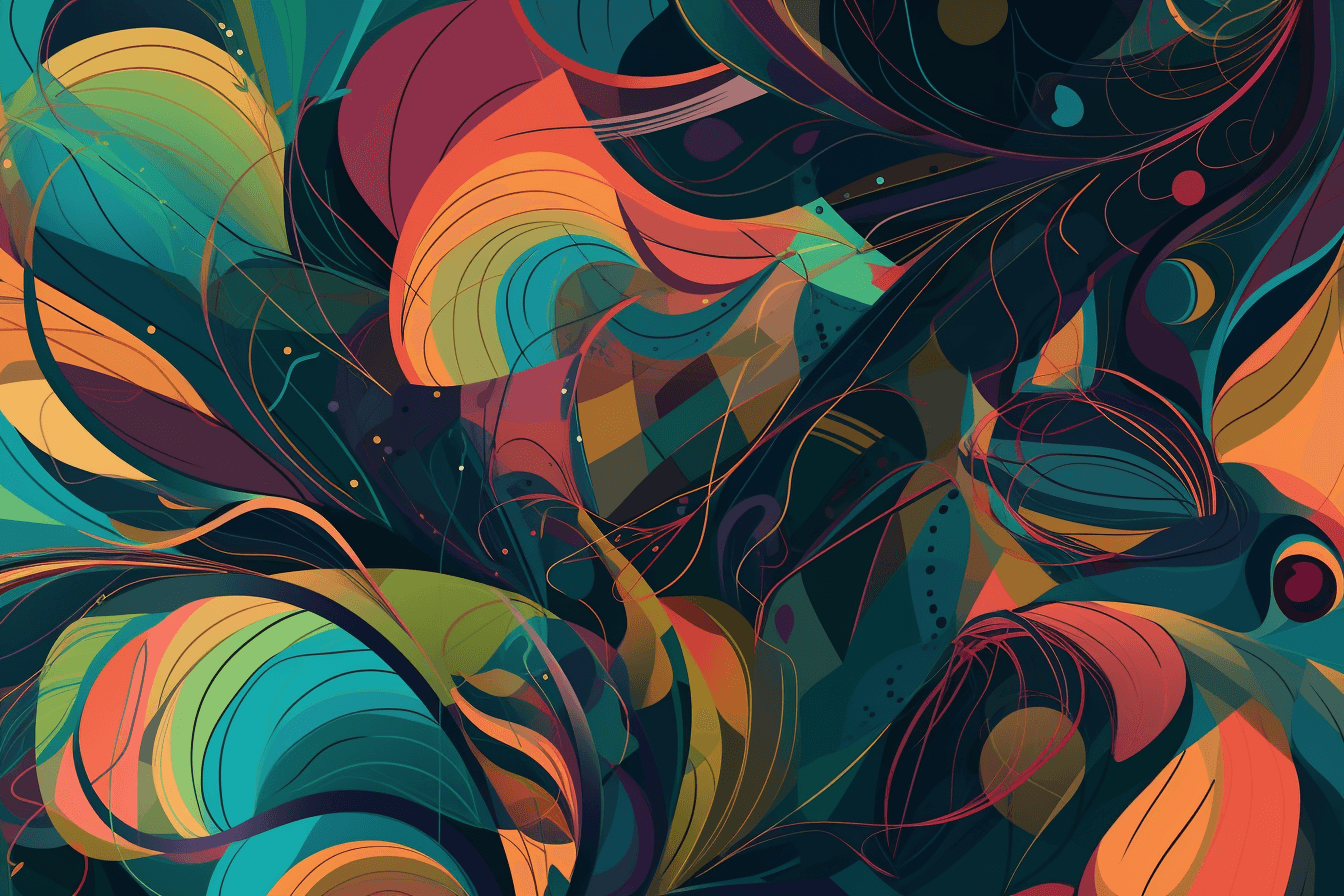 An abstract wallpaper inspired by the shapes and colors of quantum physics, with bold colors and intricate lines.