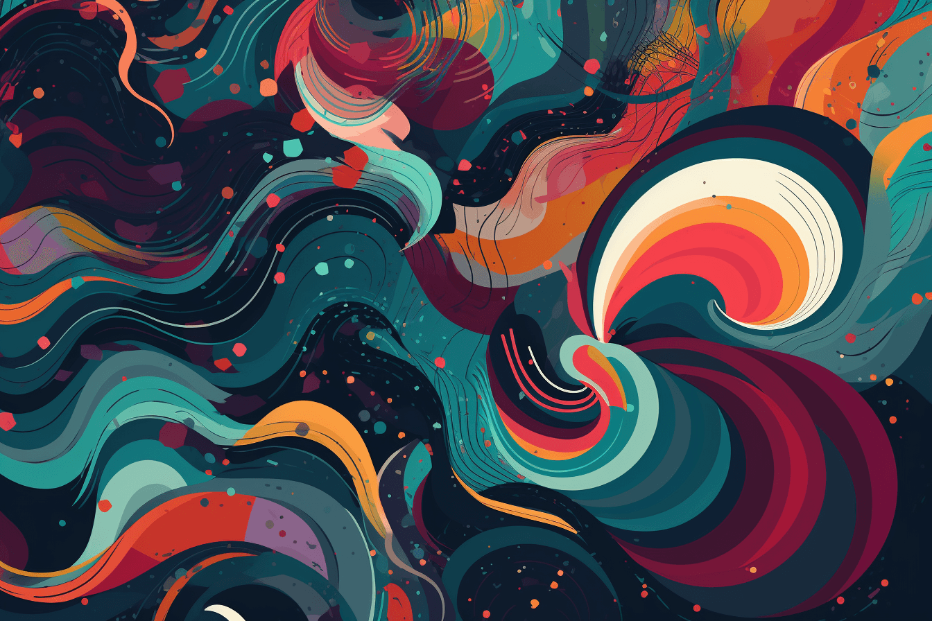 An abstract wallpaper inspired by the shapes and colors of quantum physics, with bold colors and intricate lines.