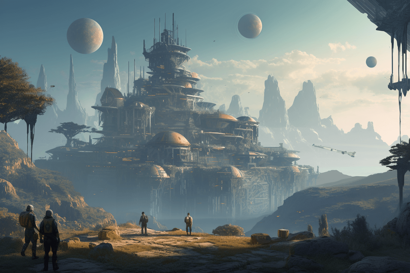 An illustration of a colony on a distant planet, with a mix of futuristic and traditional architecture.