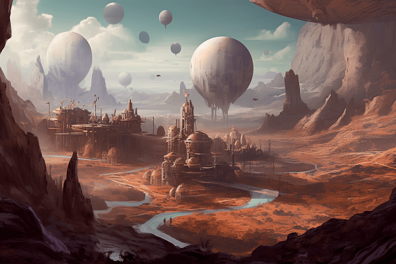 An illustration of a colony on a distant planet, with a mix of futuristic and traditional architecture.