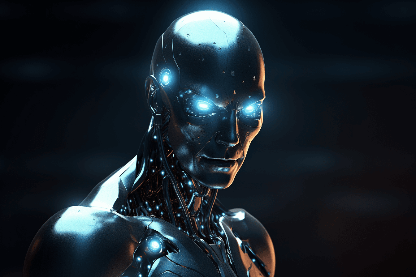 An illustration of a cyborg with a metallic body and glowing eyes