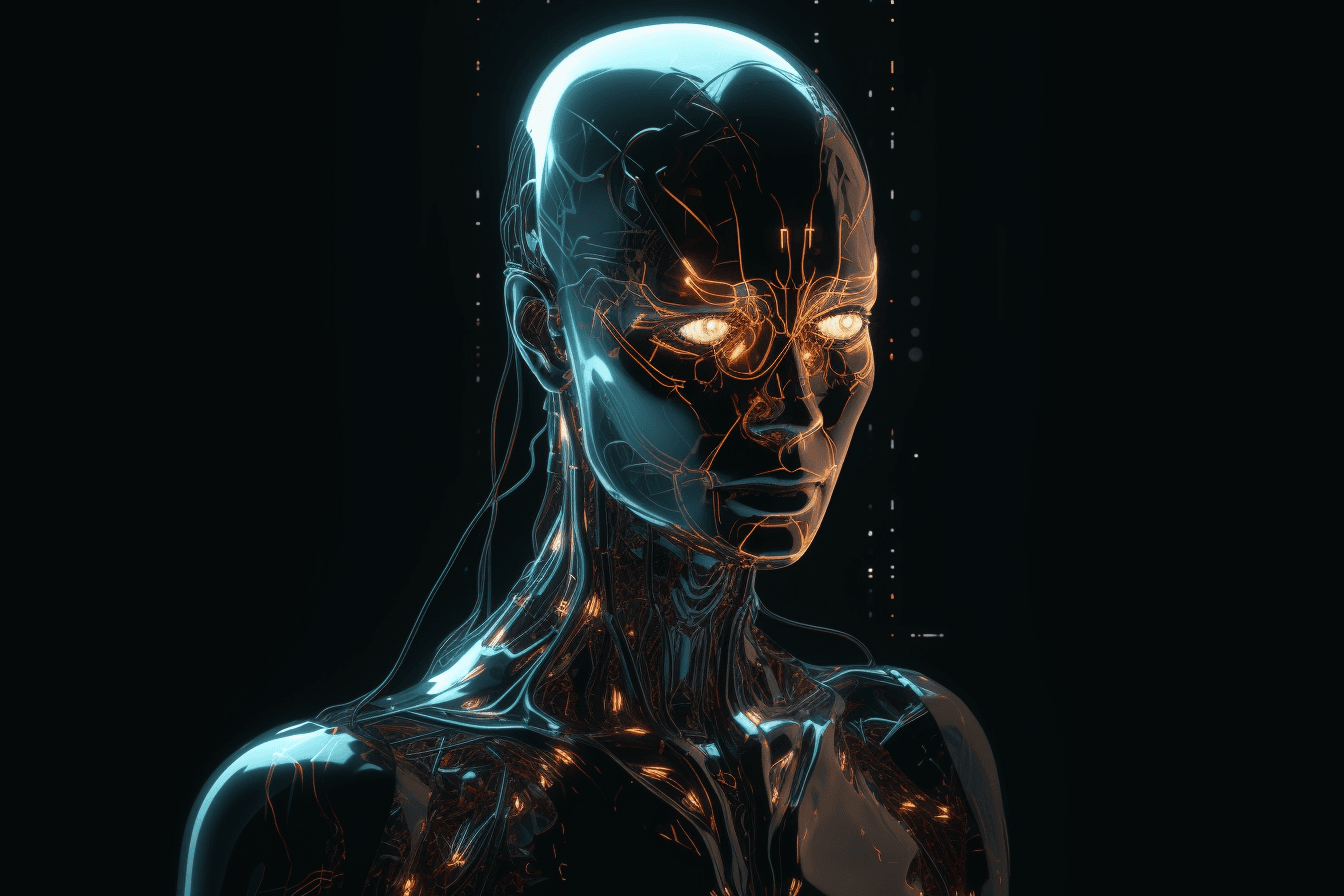 An illustration of a cyborg with a metallic body and glowing eyes