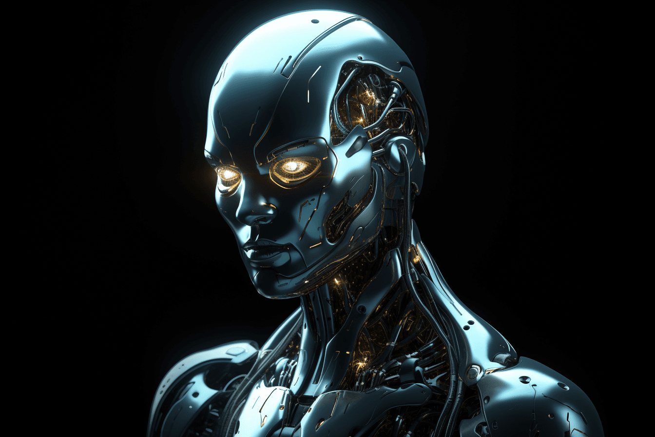 An illustration of a cyborg with a metallic body and glowing eyes