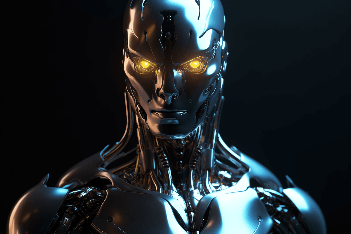 An illustration of a cyborg with a metallic body and glowing eyes