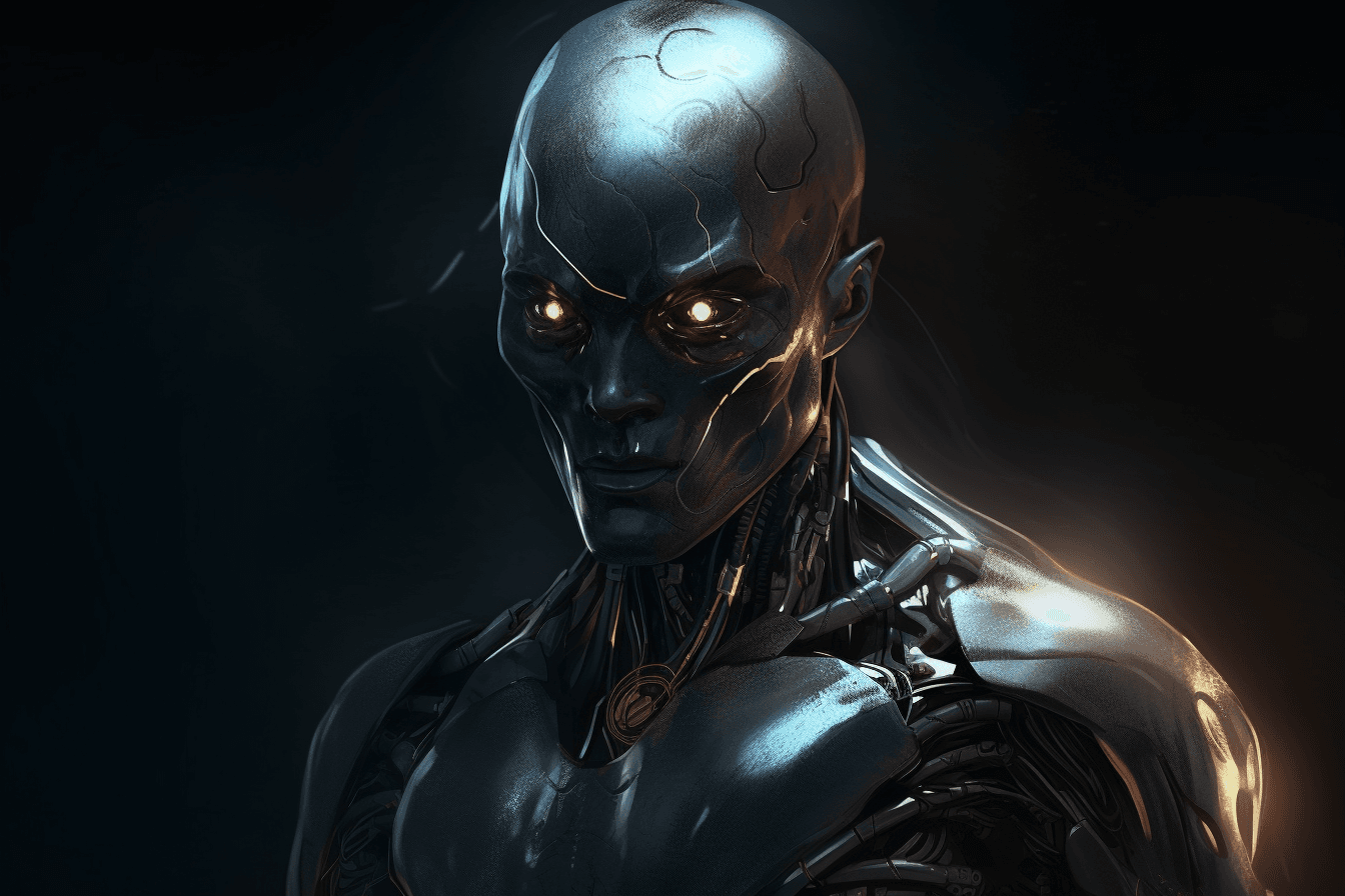 An illustration of a cyborg with a metallic body and glowing eyes