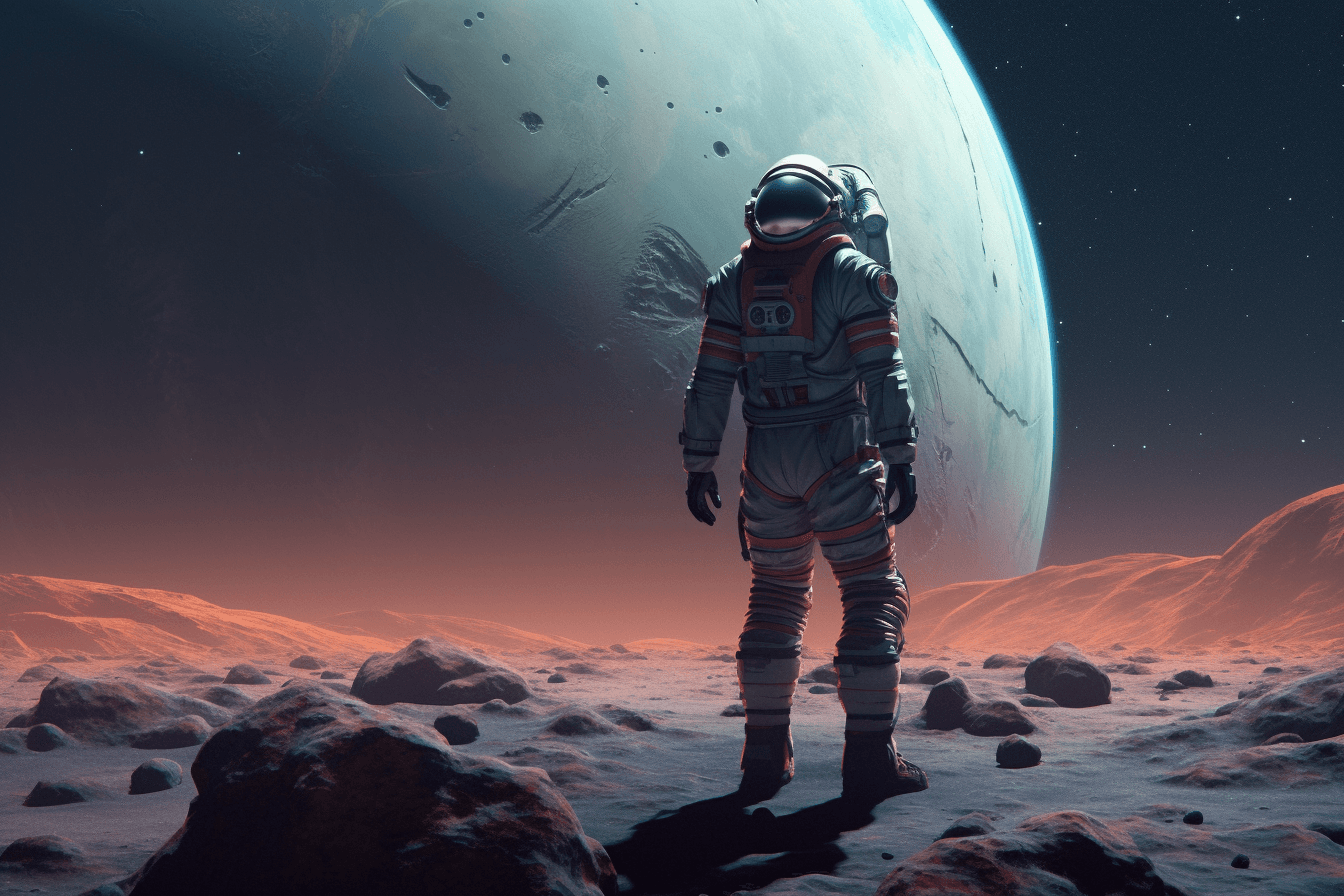 An illustration of a futuristic astronaut in a sleek spacesuit, standing on the surface of a distant planet.