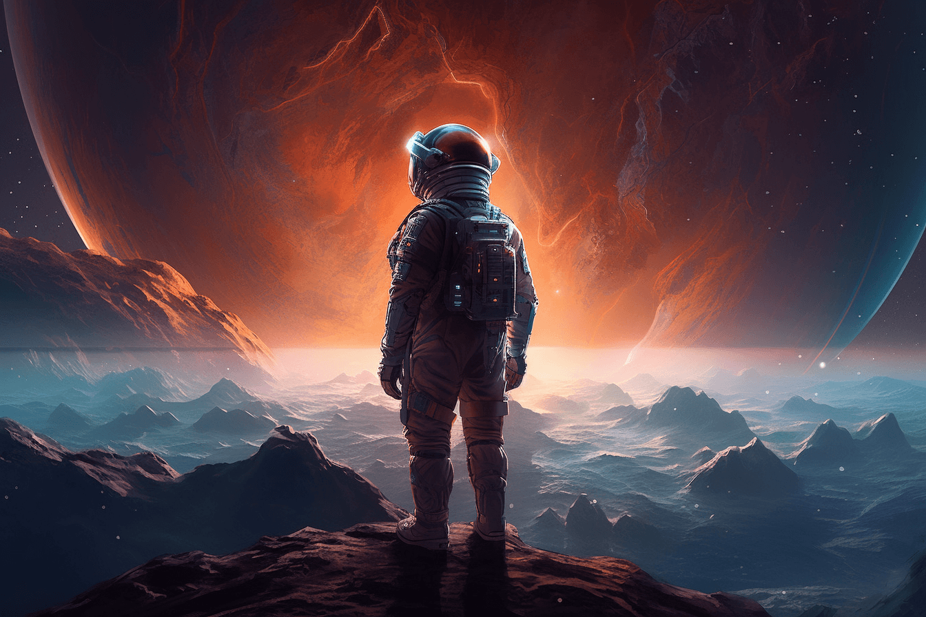 An illustration of a futuristic astronaut in a sleek spacesuit, standing on the surface of a distant planet.