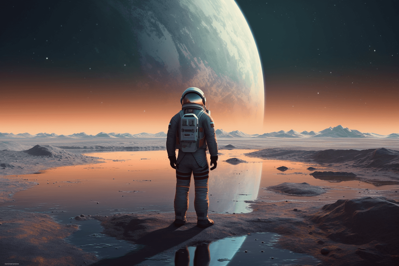 An illustration of a futuristic astronaut in a sleek spacesuit, standing on the surface of a distant planet.