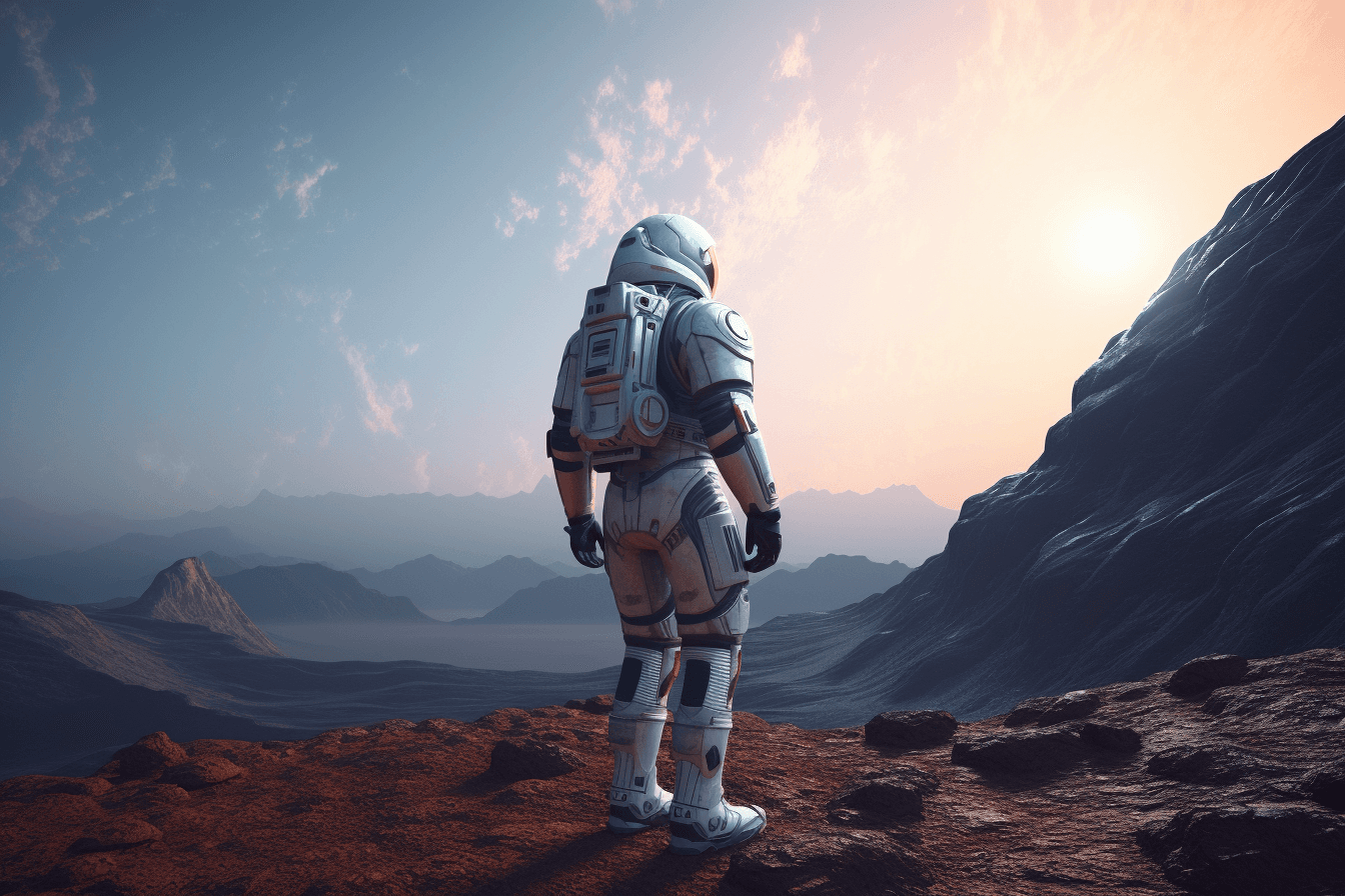 An illustration of a futuristic astronaut in a sleek spacesuit, standing on the surface of a distant planet.