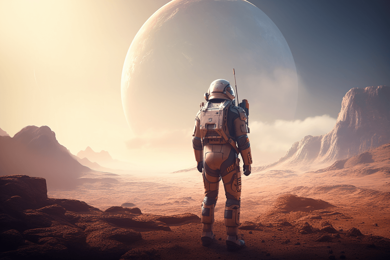 An illustration of a futuristic astronaut in a sleek spacesuit, standing on the surface of a distant planet.