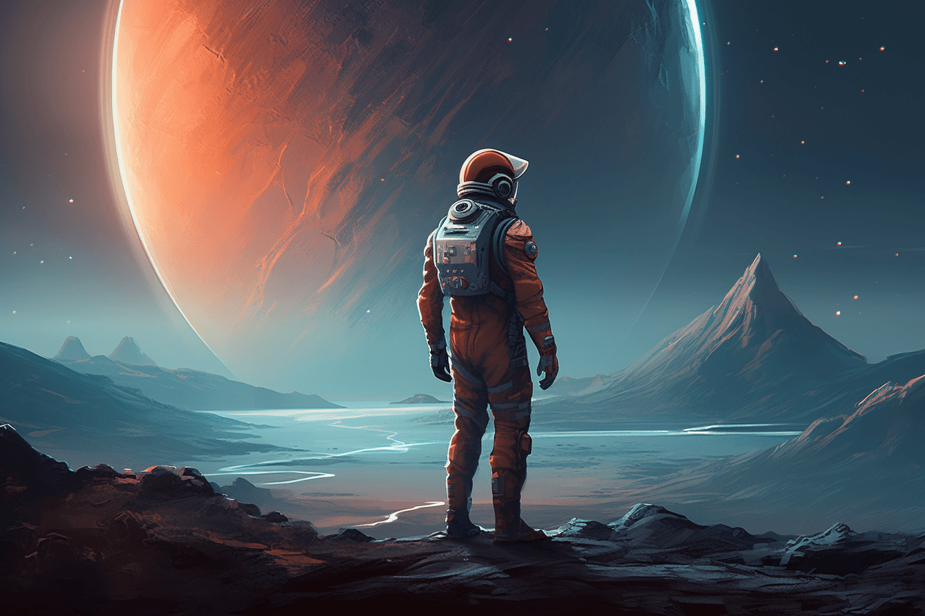 An illustration of a futuristic astronaut in a sleek spacesuit, standing on the surface of a distant planet.