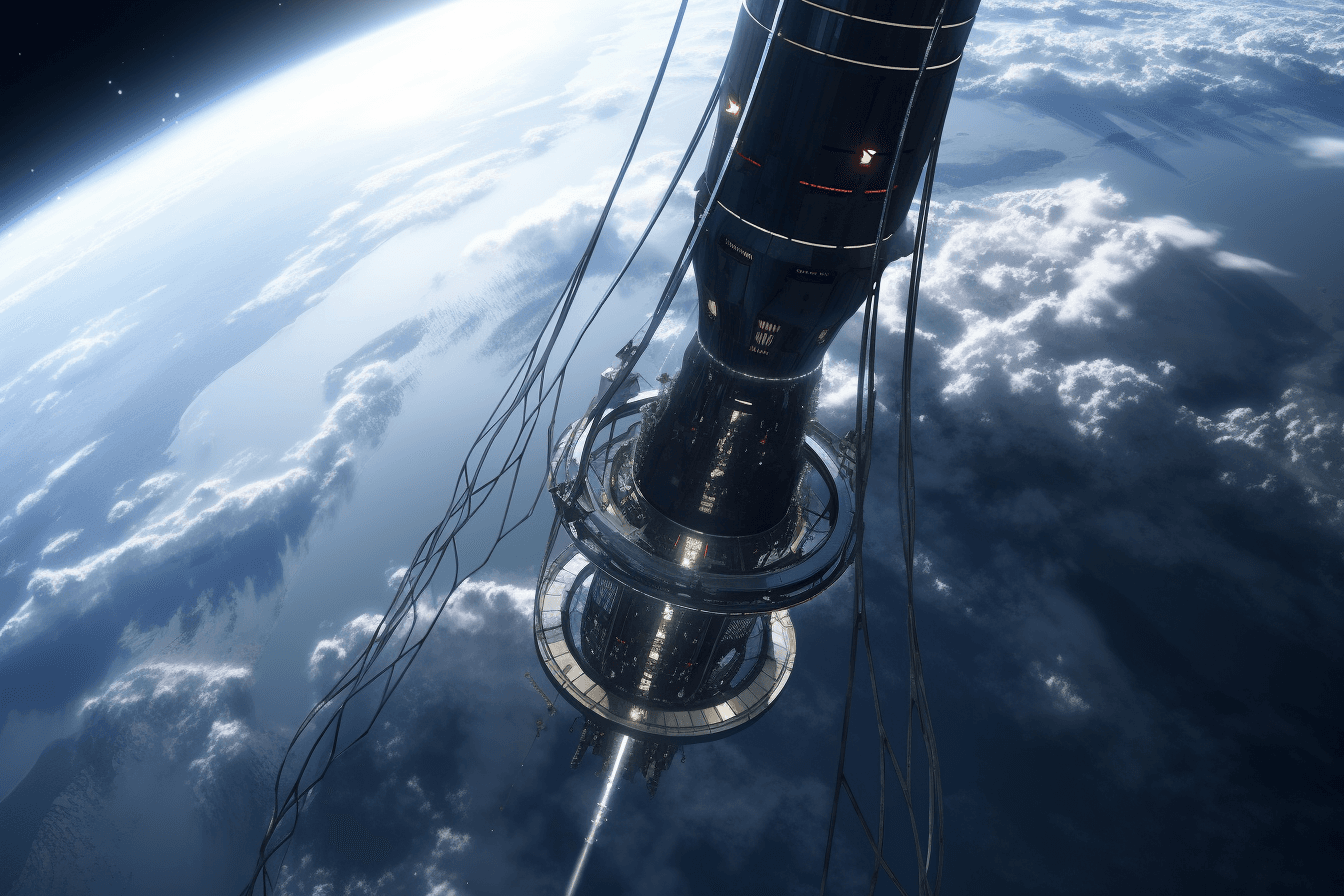 An illustration of a futuristic space elevator, with a cable stretching from Earth into orbit.