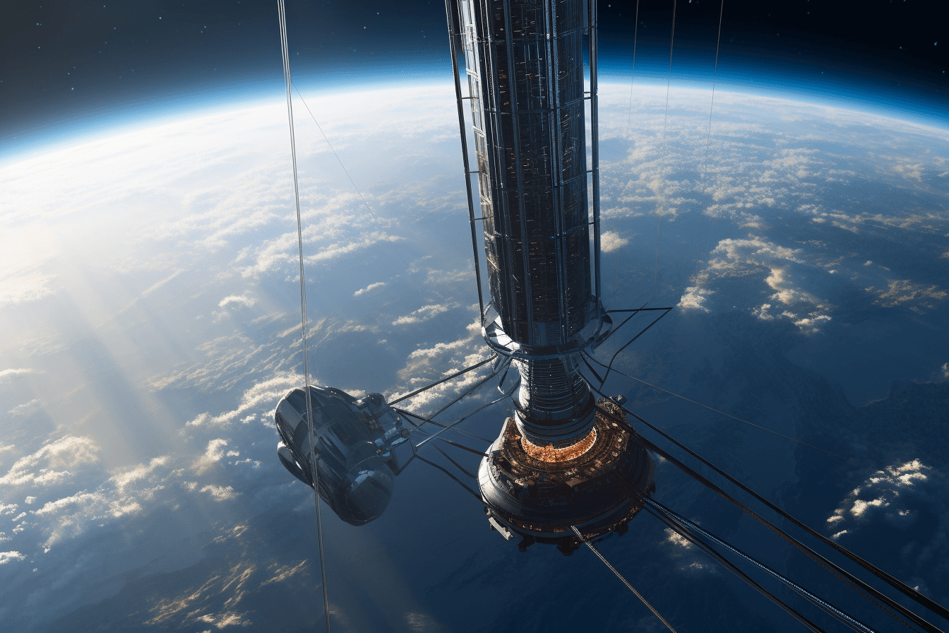 An illustration of a futuristic space elevator, with a cable stretching from Earth into orbit.