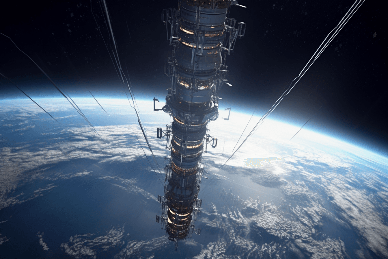 An illustration of a futuristic space elevator, with a cable stretching from Earth into orbit.