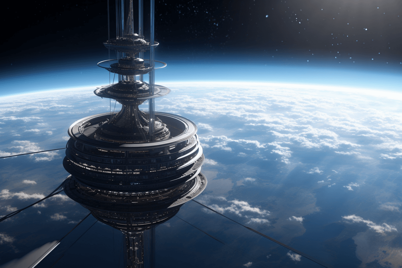 An illustration of a futuristic space elevator, with a cable stretching from Earth into orbit.