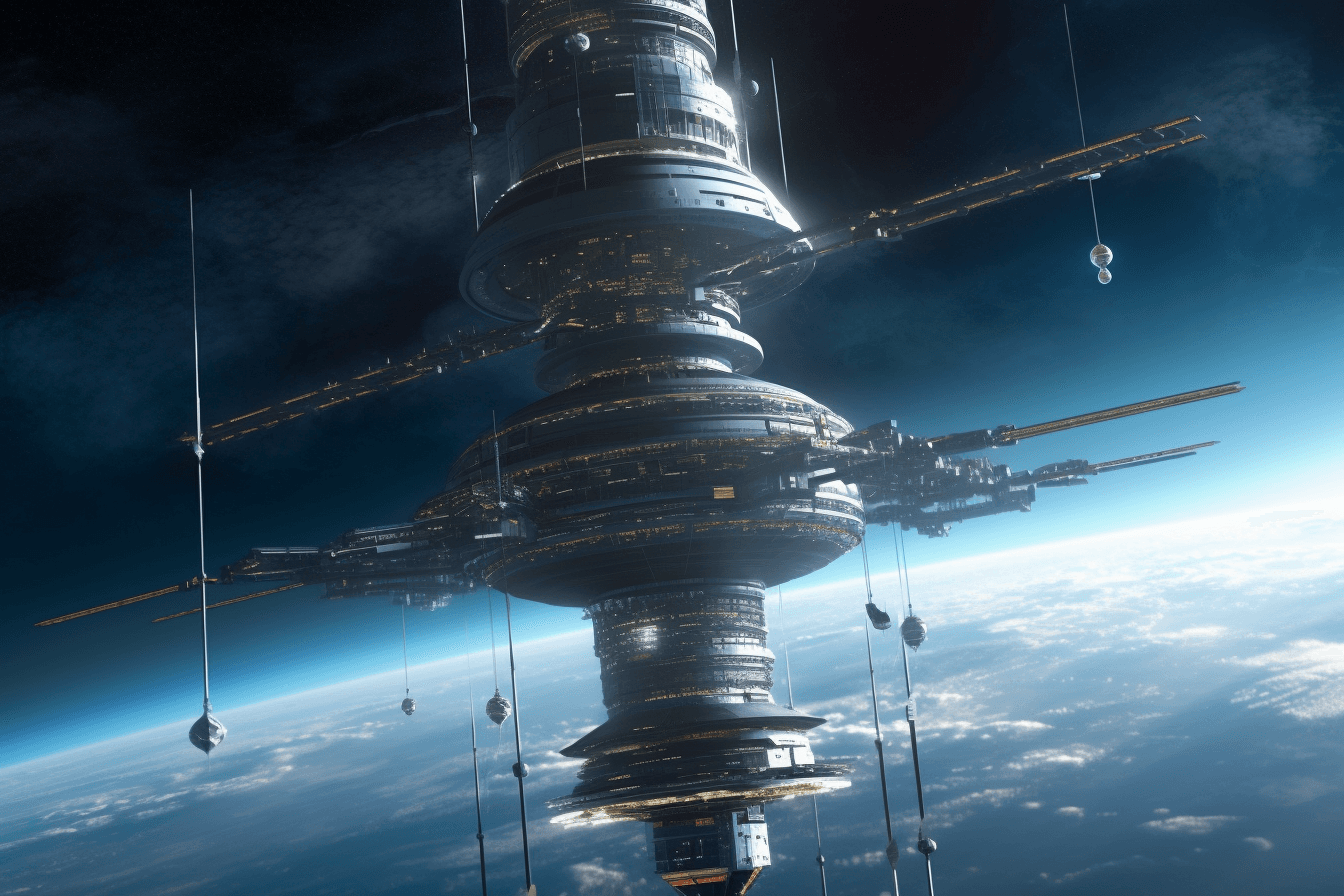 An illustration of a futuristic space elevator, with a cable stretching from Earth into orbit.