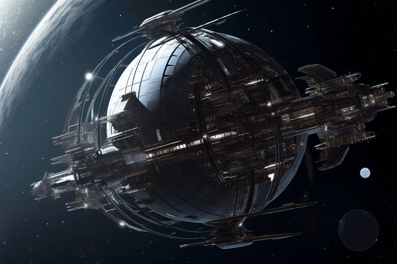 An illustration of a futuristic space station orbiting a distant planet, with sleek lines and metallic accents.