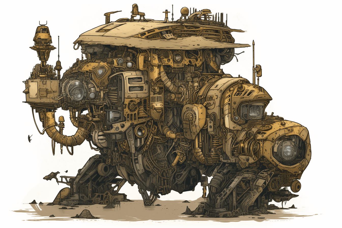 An illustration of a robotic explorer, with metallic textures and intricate details.