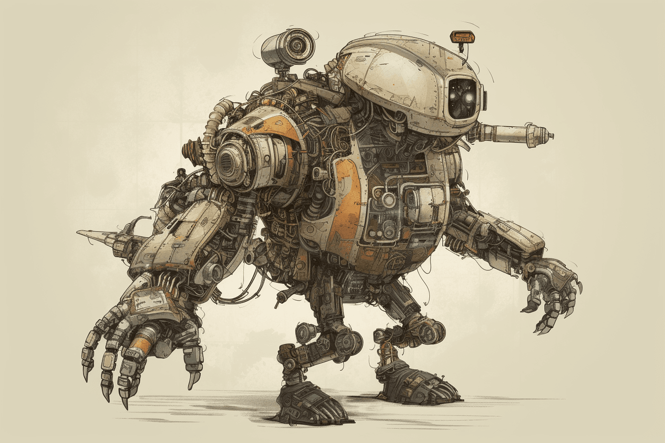 An illustration of a robotic explorer, with metallic textures and intricate details.