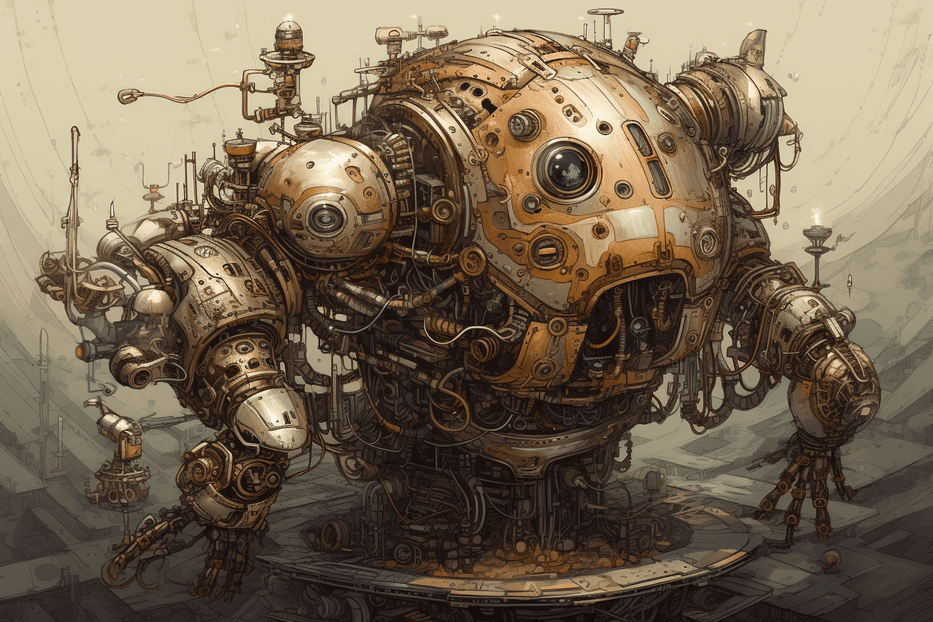 An illustration of a robotic explorer, with metallic textures and intricate details.