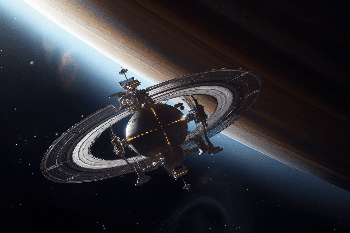 An illustration of a space station in orbit around a gas giant planet, with rings and storms visible in the background.