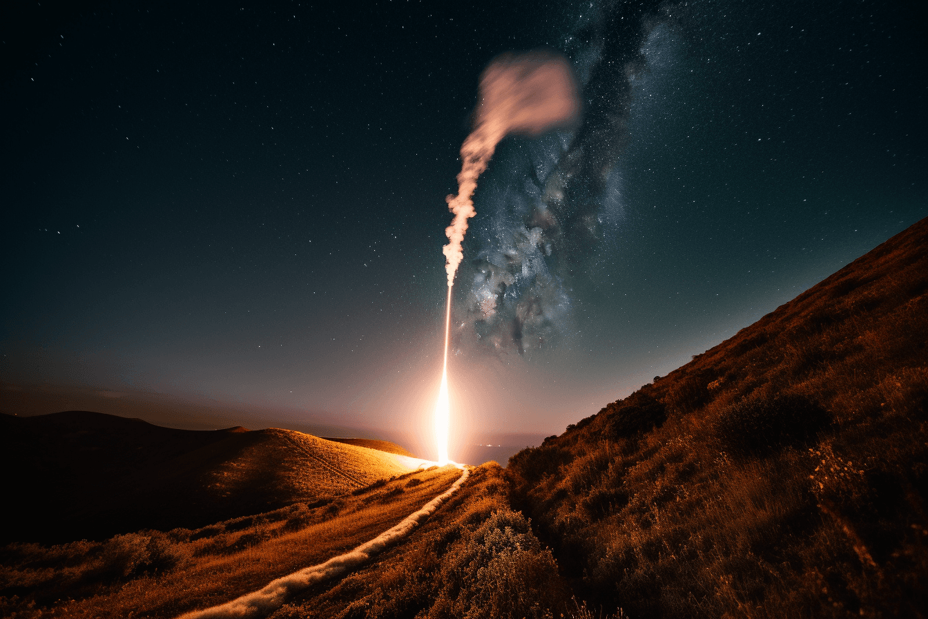 An image of a rocket launching into space with a trail of fire behind it, set against a starry sky.