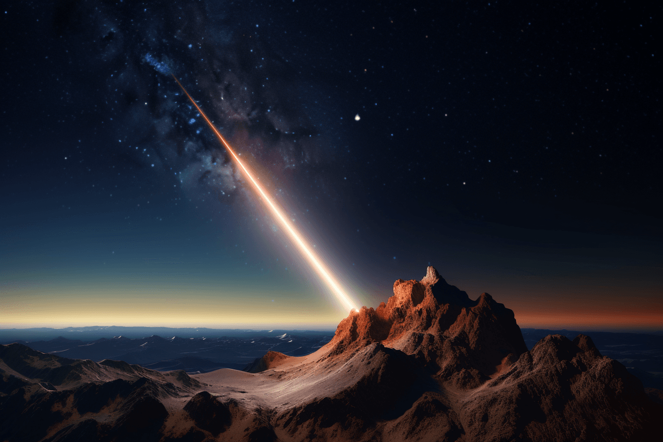 An image of a rocket launching into space with a trail of fire behind it, set against a starry sky.